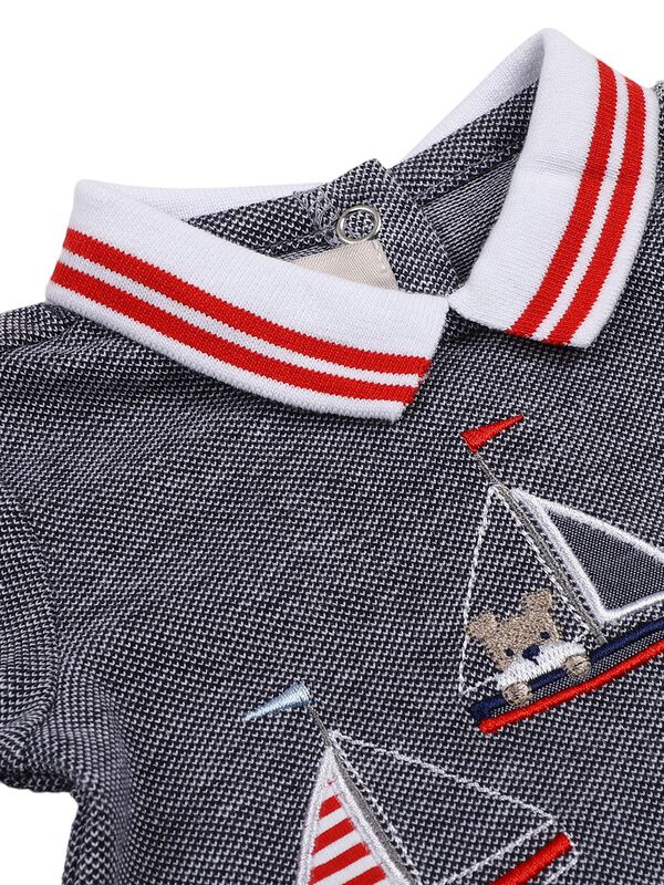 Boys White & Red Printed Polo with Short Pants image number 5